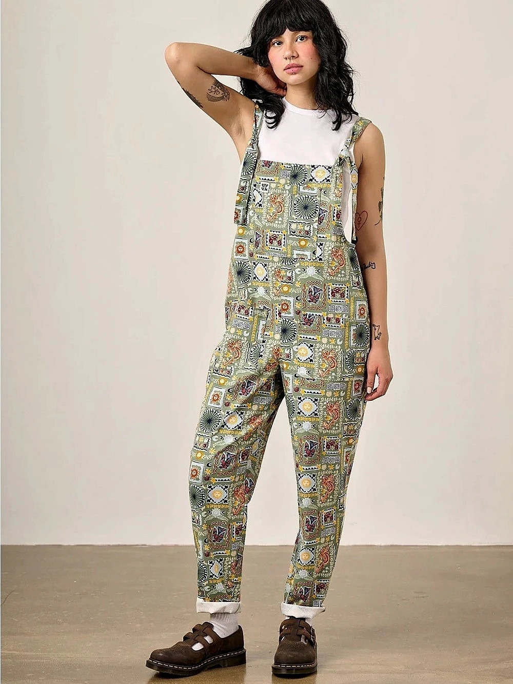 Lucy & Yak Printed Dungarees Overall Jumpsuit in Green Cosmic Folk, Sz UK 6